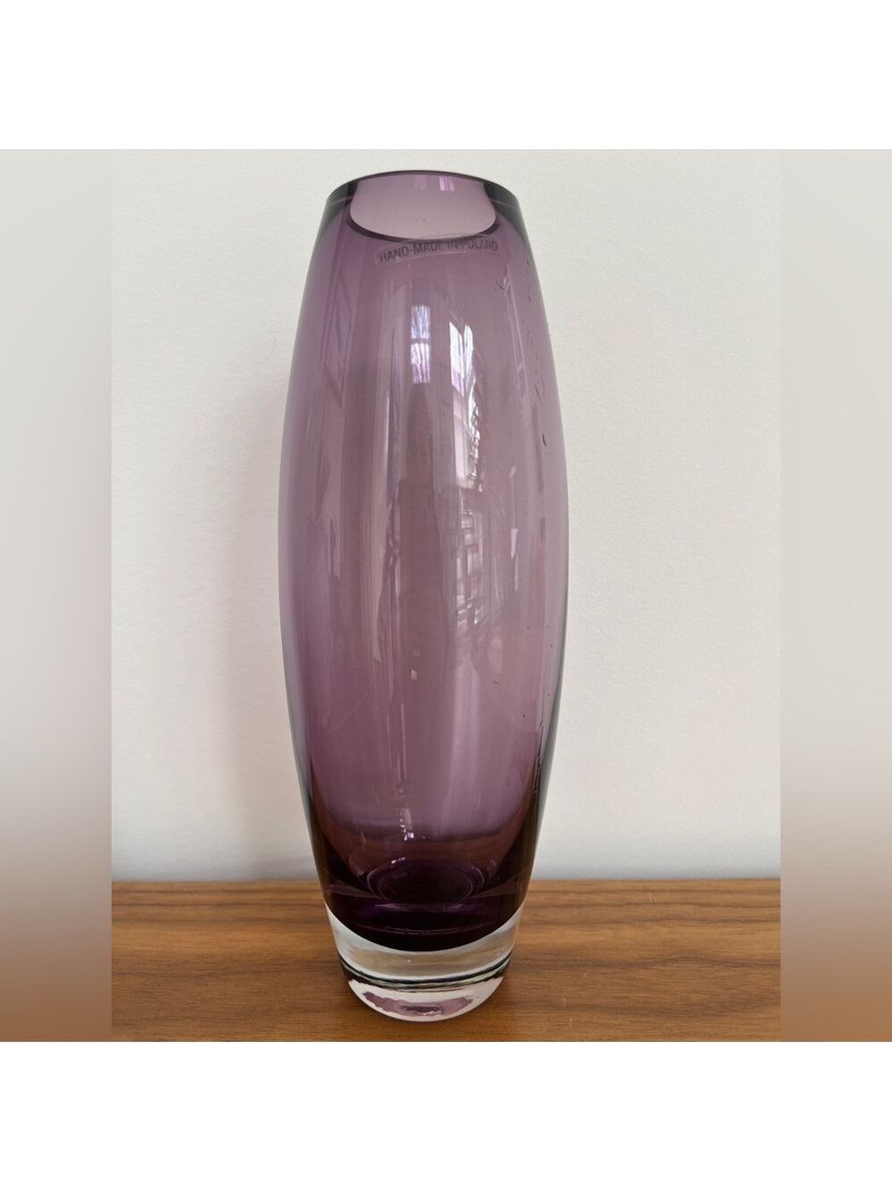 ART GLASS Vase Hand Made in Poland Purple Clear Bottom Narrow Lantern Shape